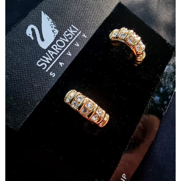 Vintage SWAROVSKI Signed Clear Rhinetones Half Hoop Clip On Earrings Gold Tone - Picture 7 of 10